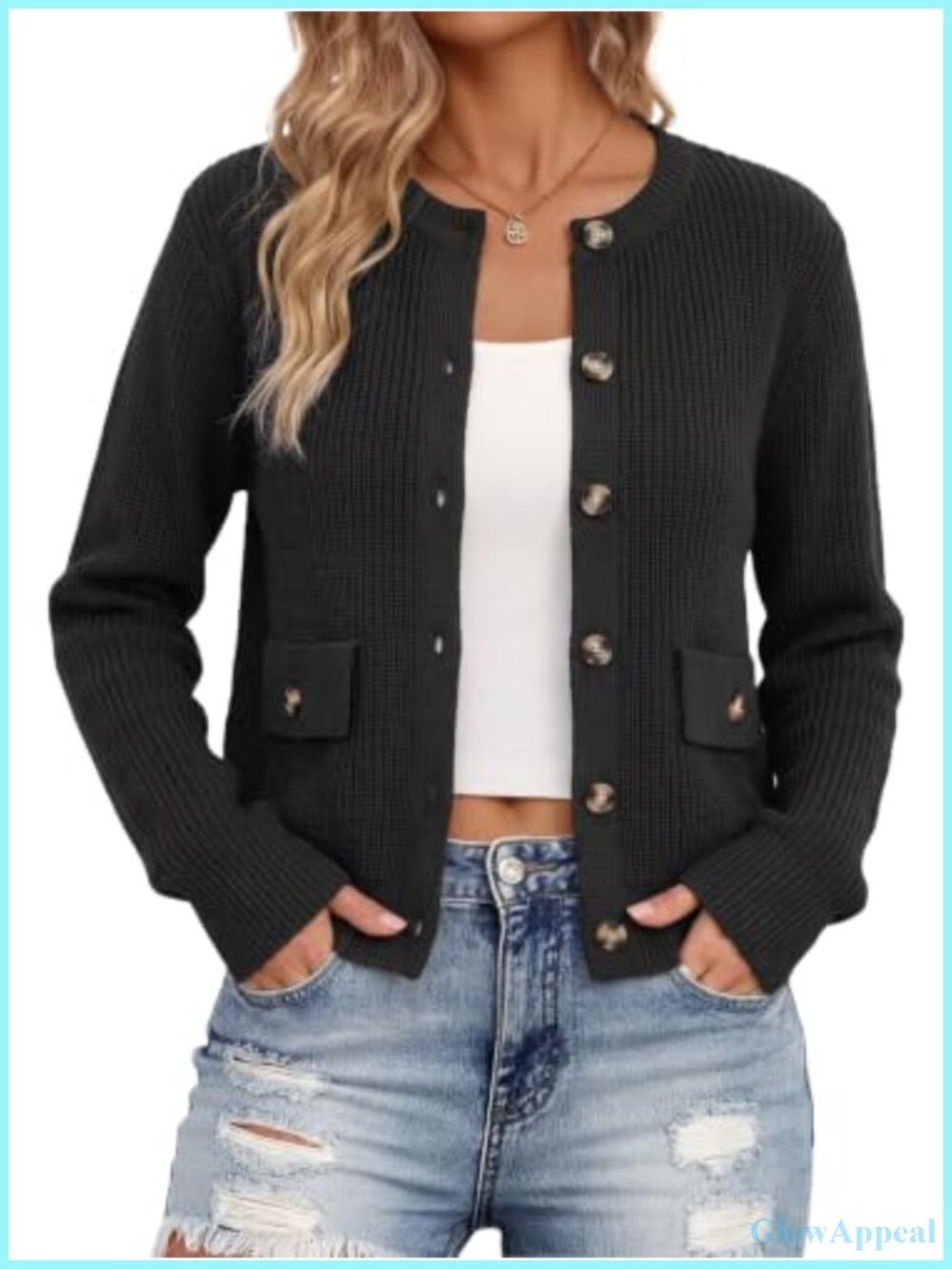Knit Cardigan Sweater Women Button Down Open Front Long Sleeve Cropped